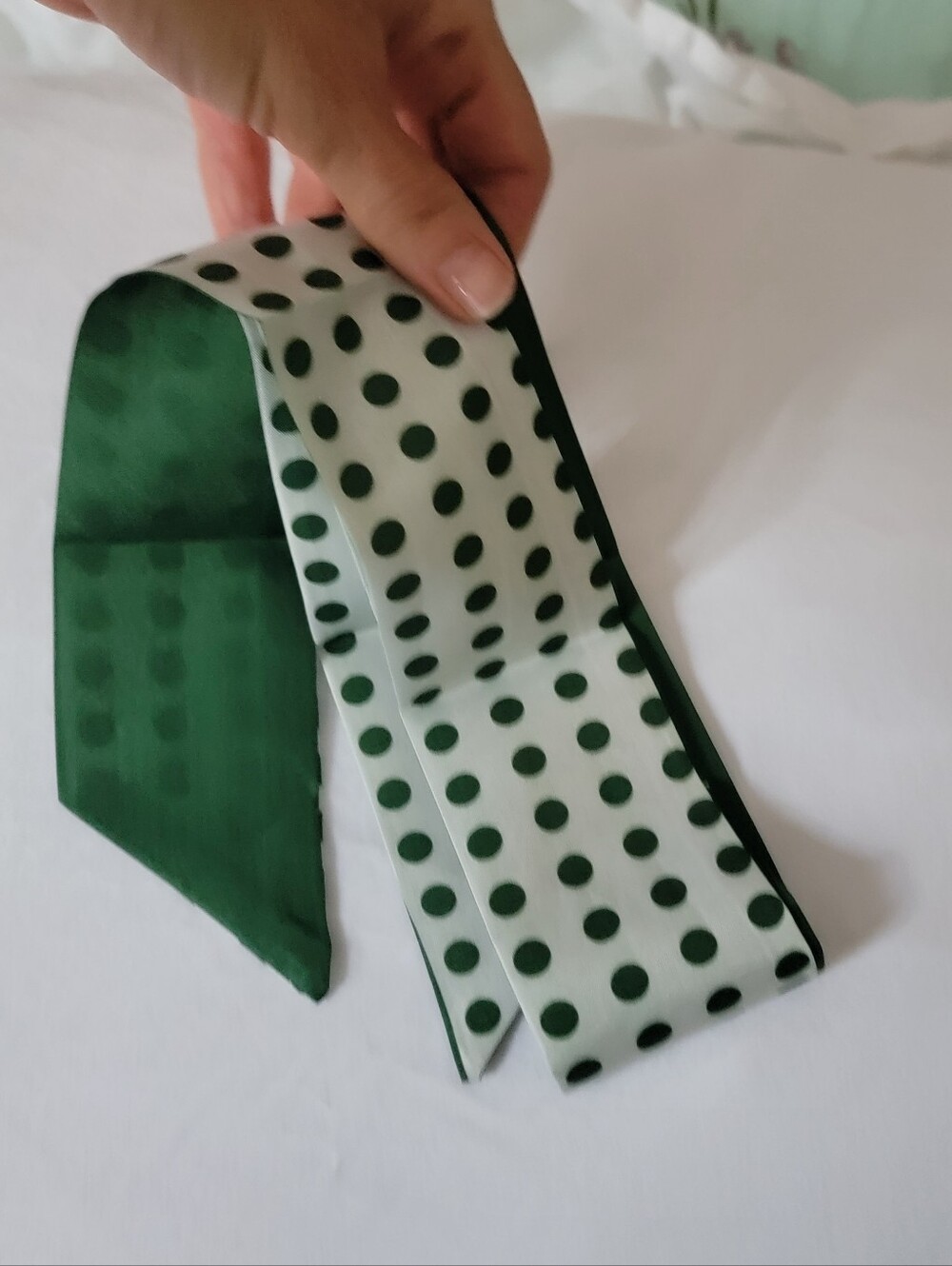 Green Polka Dot Bow Scarf Hair Tie - Picture 8 of 8